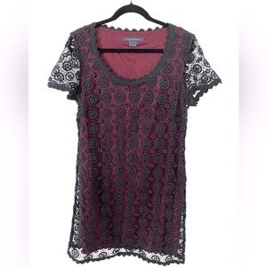 French Connection short sleeves, black lace dress with burgundy base. Size 10